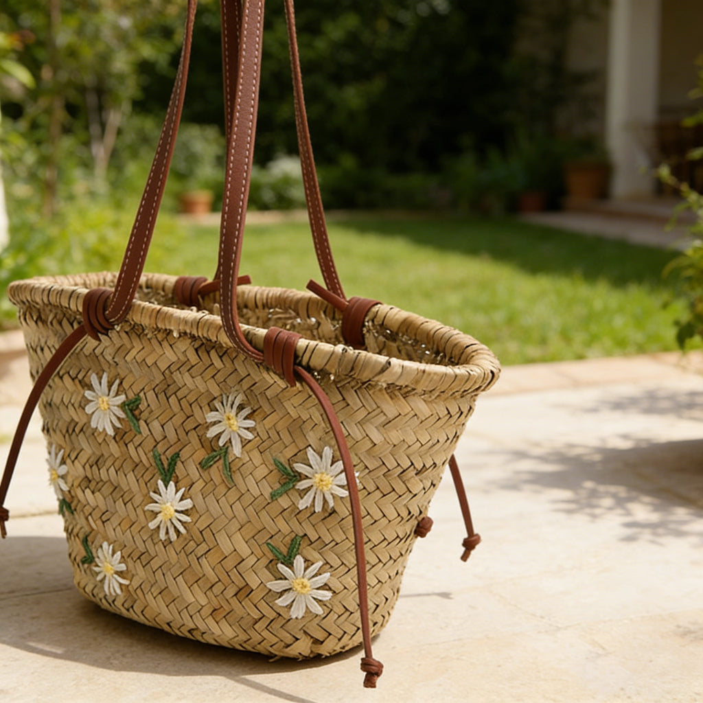 Floral Embroidered Straw Tote