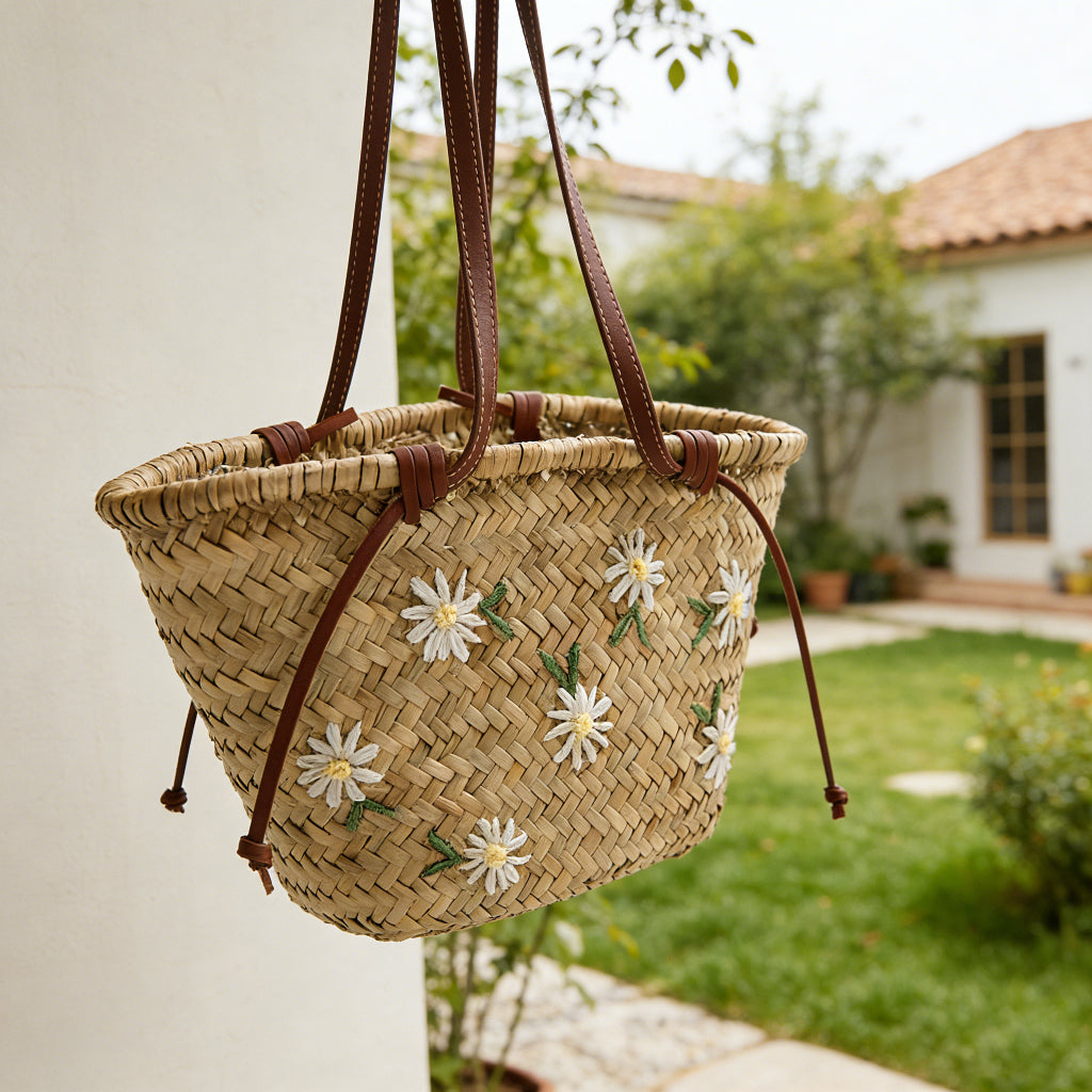Floral Embroidered Straw Tote