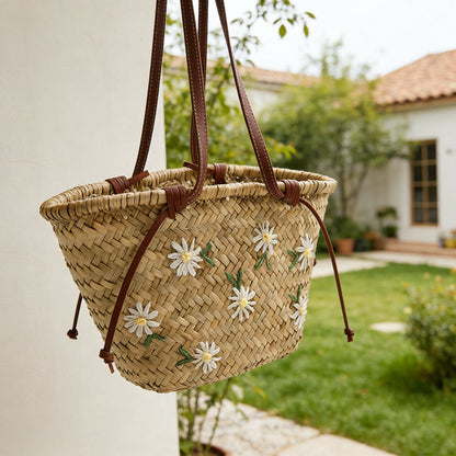 Floral Embroidered Straw Tote