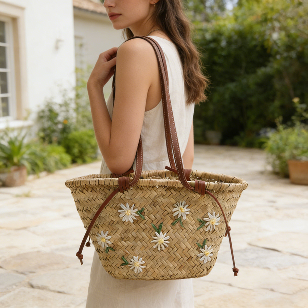 Floral Embroidered Straw Tote