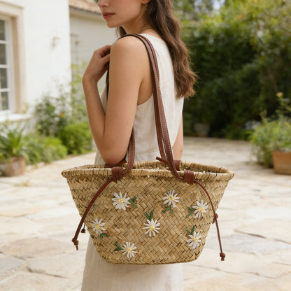 Floral Embroidered Straw Tote